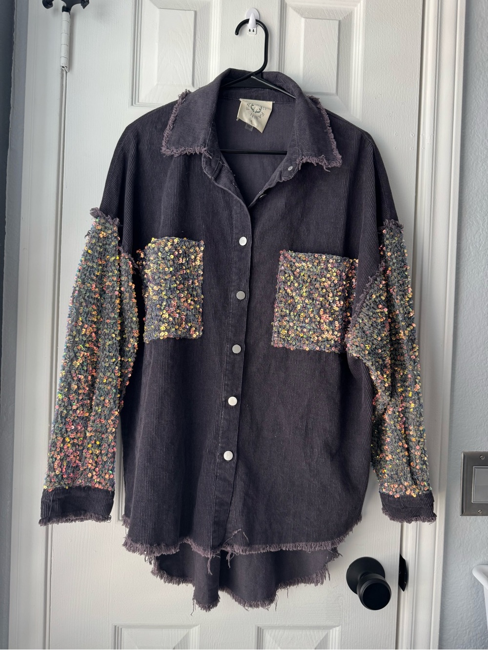 Fantastic Fawn Charcoal Button-Up Jacket with Multicolor Bouclé Sleeves
